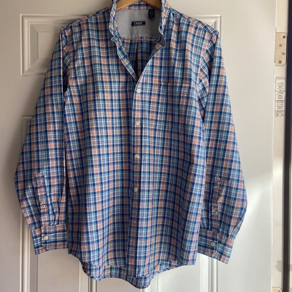 IZOD Men Blue Plaid Shirt Long Sleeve